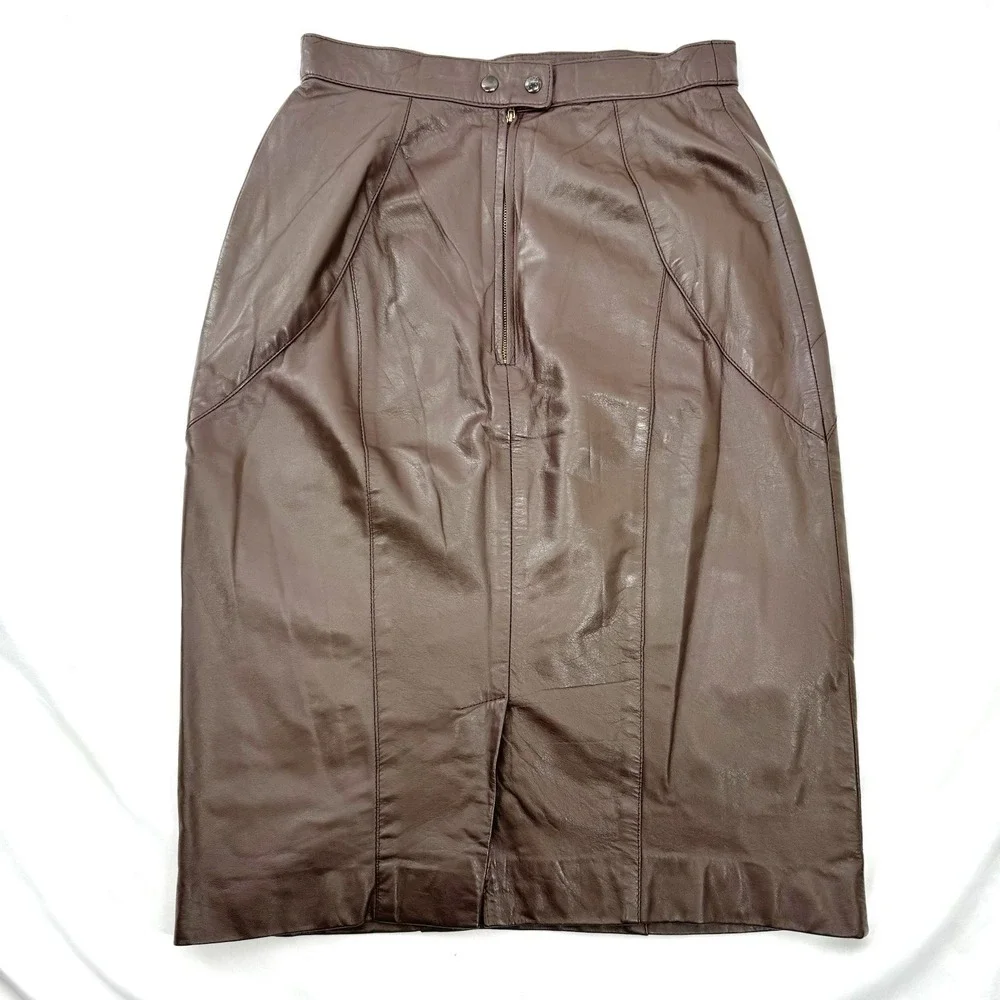 Vtg 90s Minimalist Brown Leather Pencil Skirt XS Office Career Corporate Chic